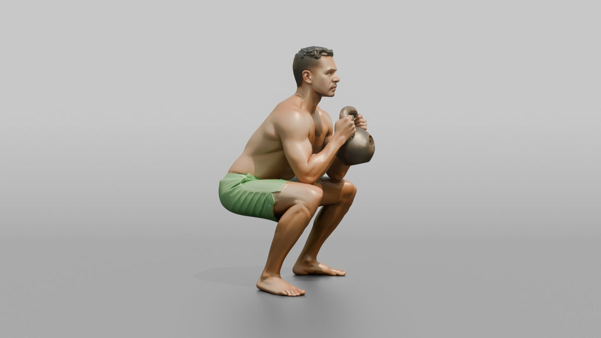 Weightlifter Man Holding A Kettlebell In A Goblet Squat Position - 3D character model, view 2