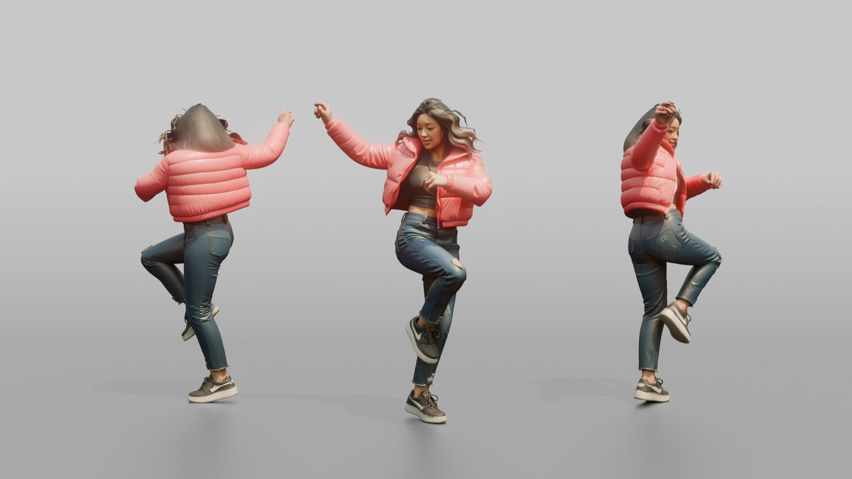 Patron Woman Wearing A Bright Cropped Puffer Jacket, Urban Dance Pose - 3D character model, view 1