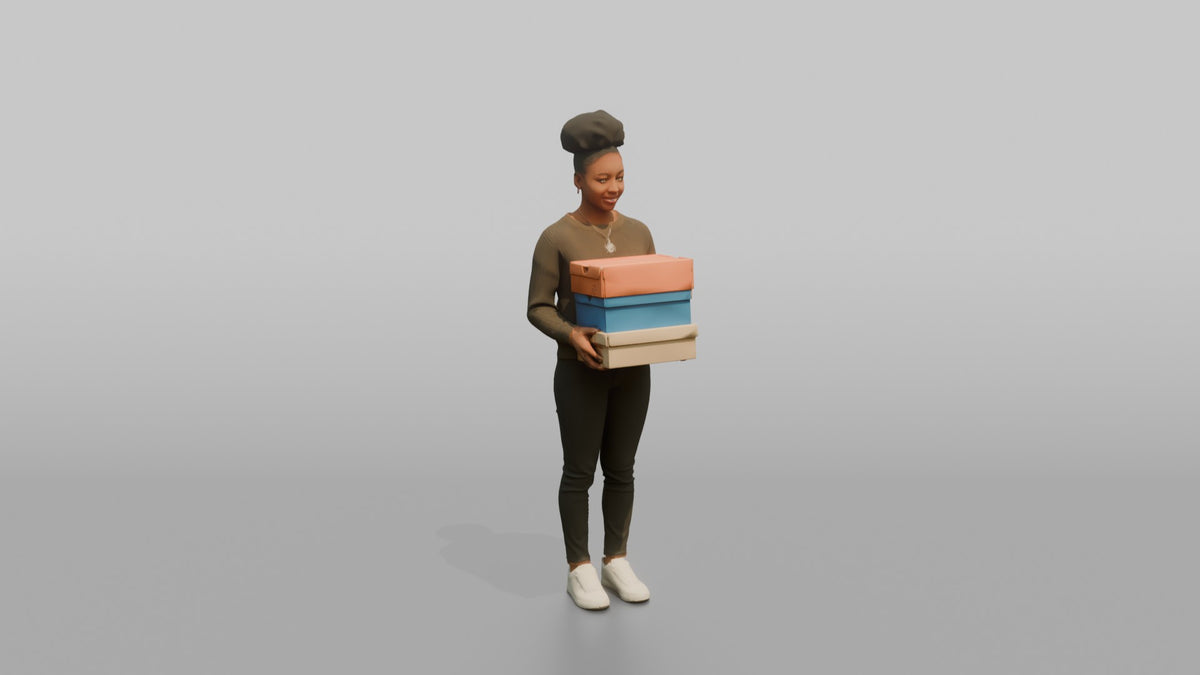 Woman Customer Holding A Stack Of Three Shoeboxes - 3D character model, view 2