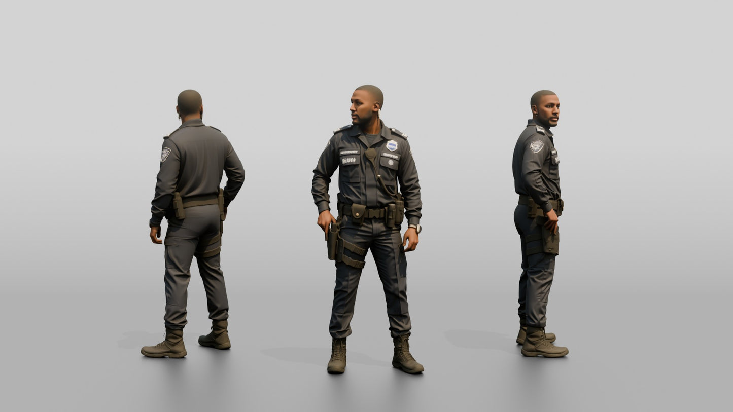 Slim Black Male Guard in a Navy Blue Tactical Uniform