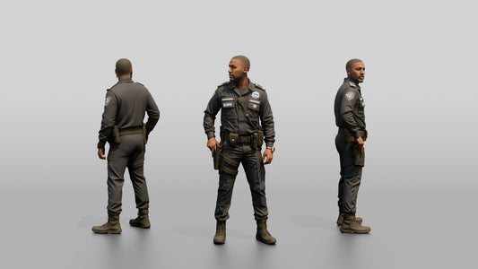 Slim Black Male Guard in a Navy Blue Tactical Uniform
