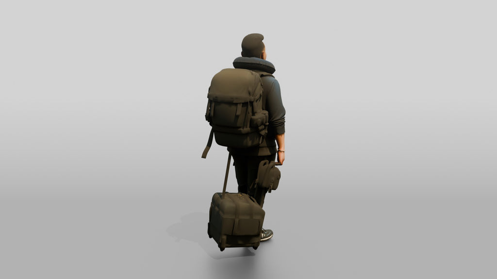 Plus-Size Asian Man with Travel Pillow Backpack and Luggage