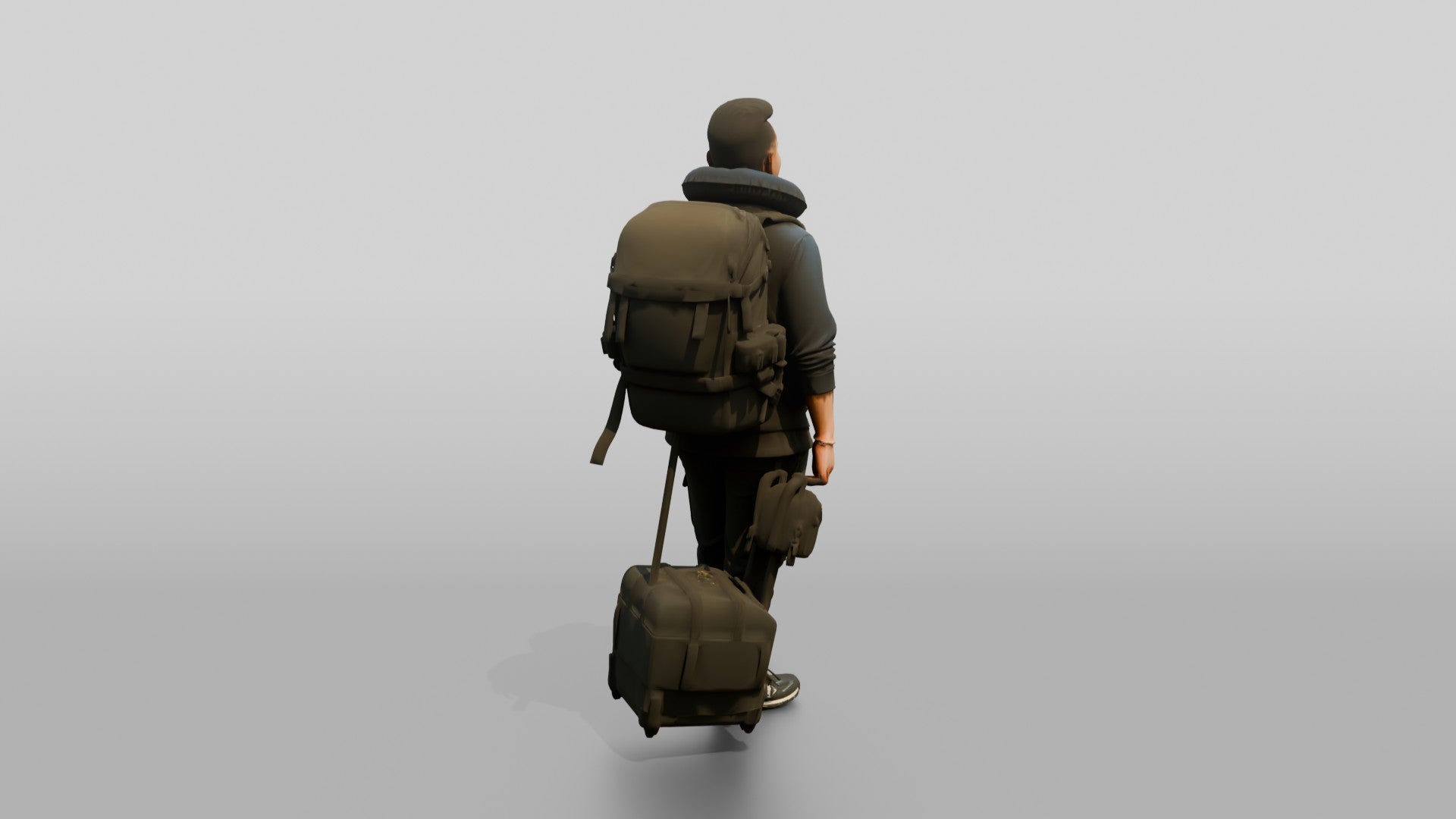 Plus-Size Asian Man with Travel Pillow Backpack and Luggage