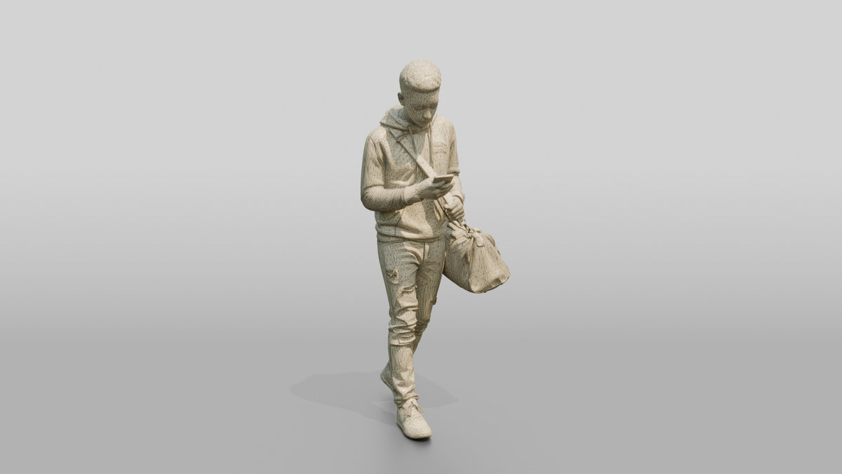 Young Black Man Walking and Looking at Phone with Duffel Bag - wireframe topology preview