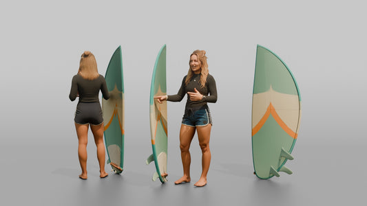 Surfer Gesturing Toward Her Surfboard