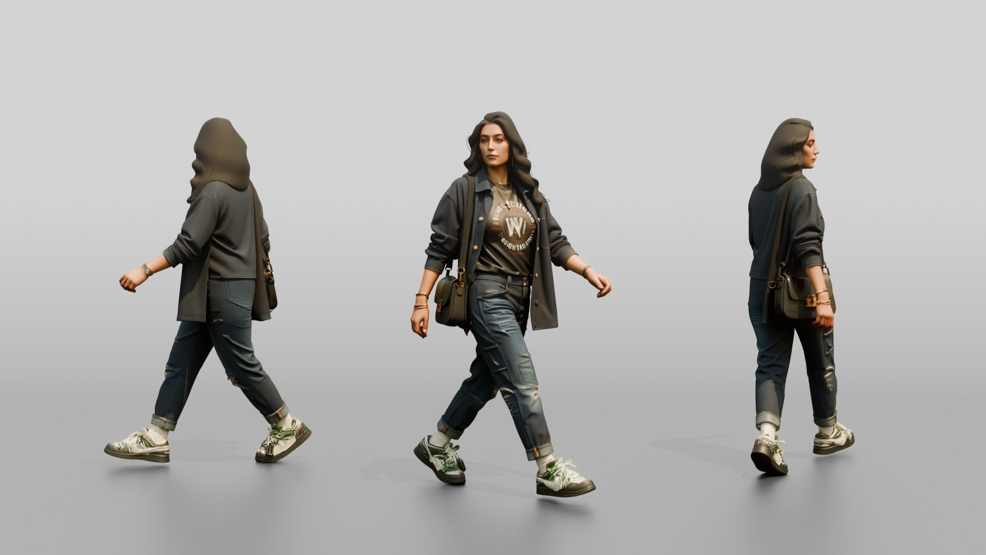 Young Woman in Dark Jacket Walking with Crossbody Bag
