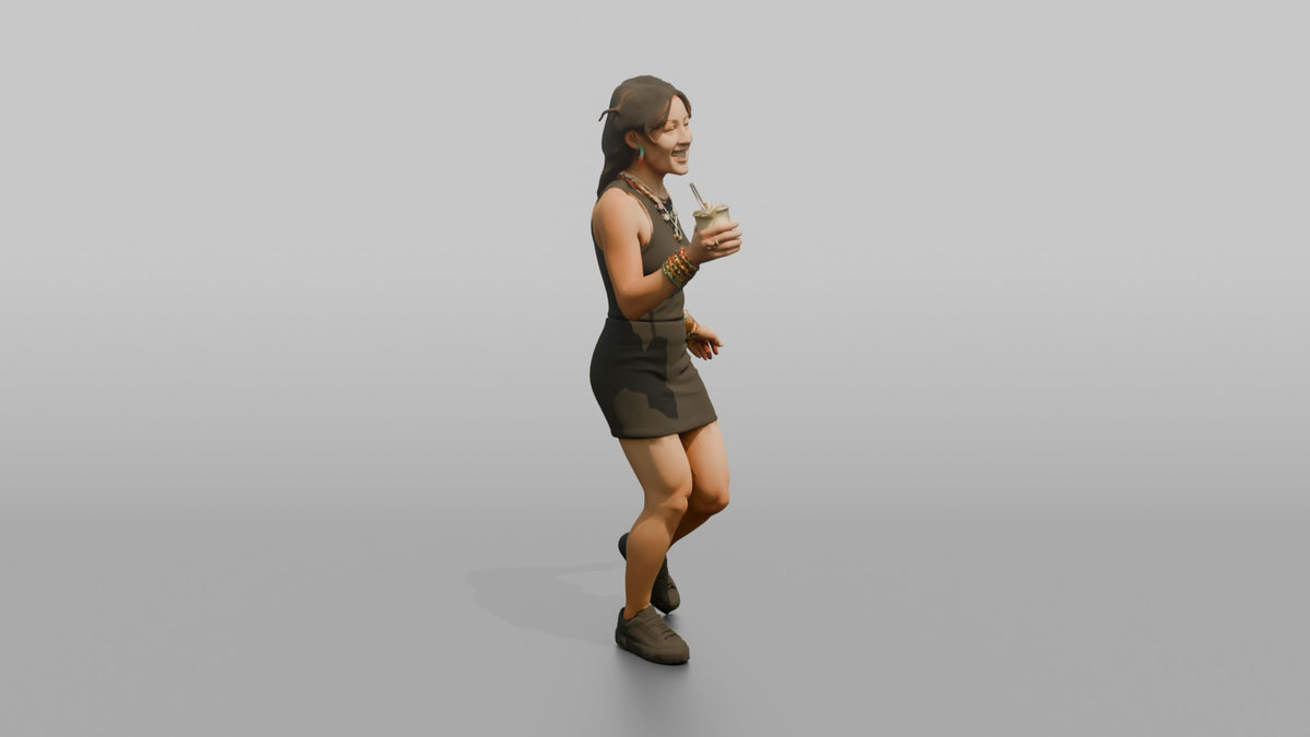 Patron Woman Wearing Chunky Colorful Jewelry, Dancing With A Drink In Hand - 3D character model, view 2