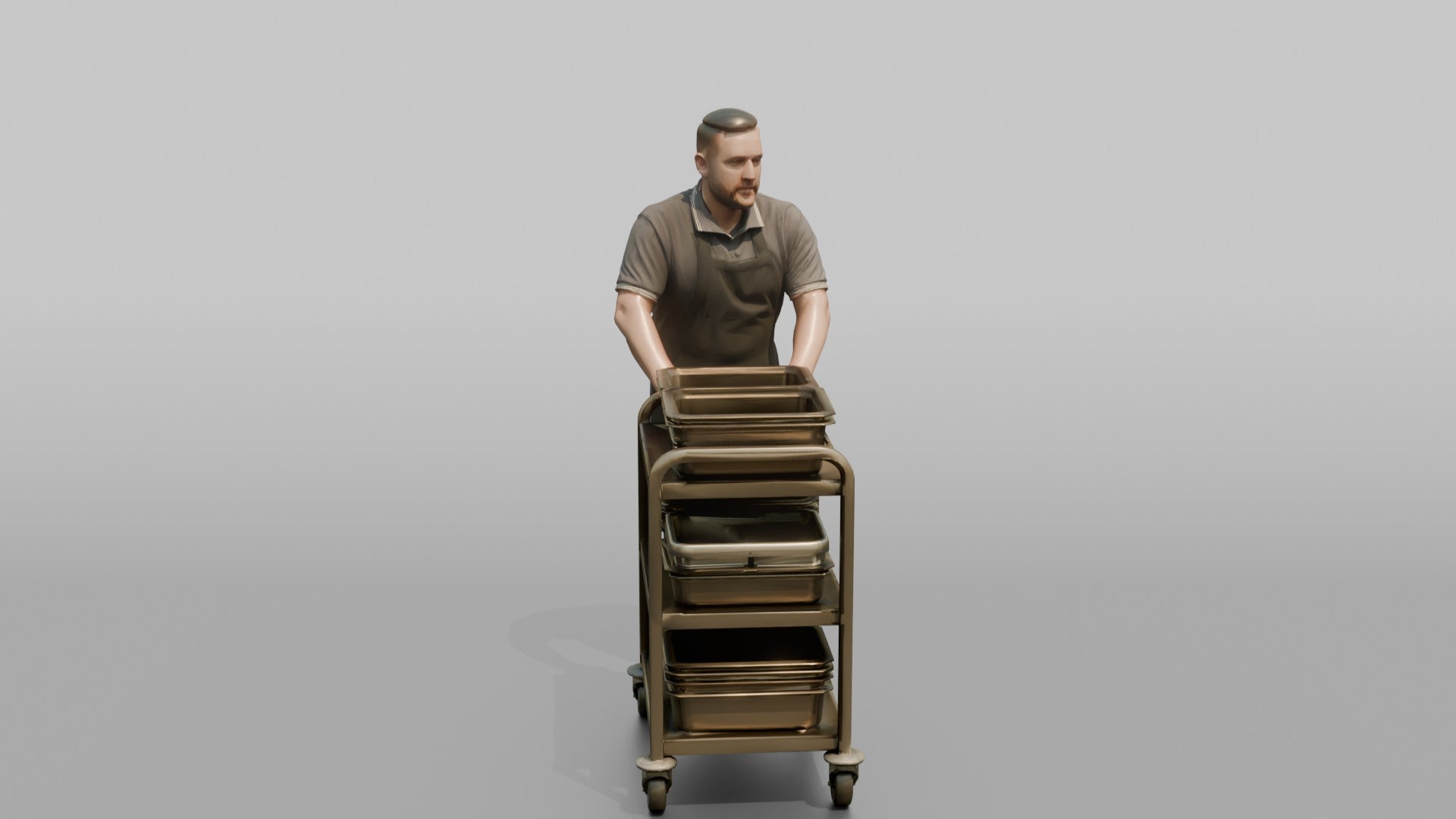 Mess Attendant Pushing a Food Trolley