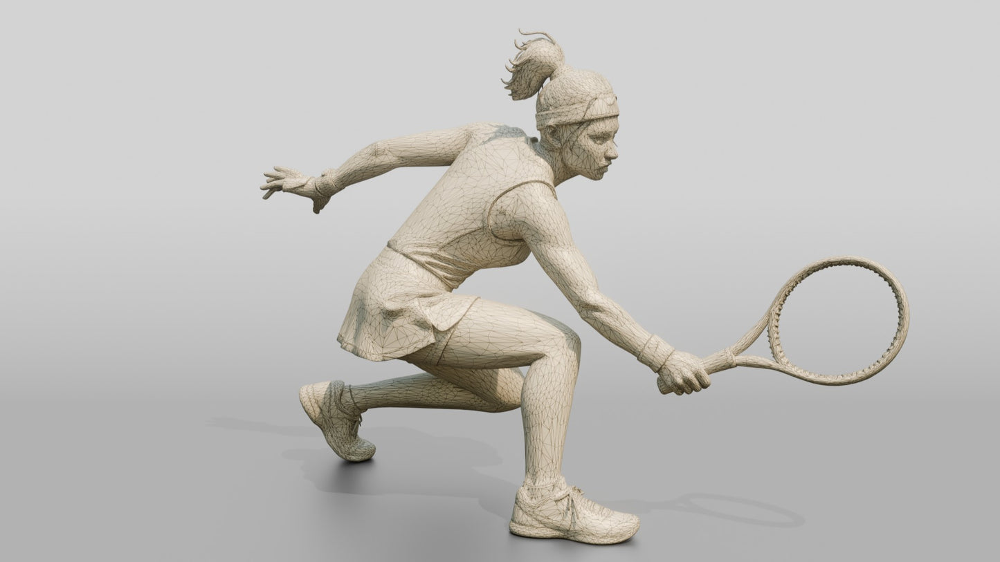Female Tennis Player Crouched with Racket Extended