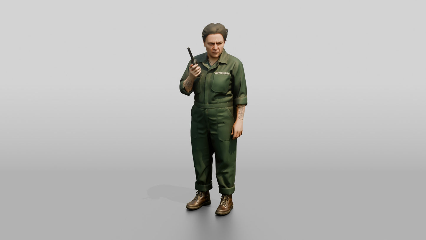 Caucasian Female Prisoner in a Dark Green Uniform