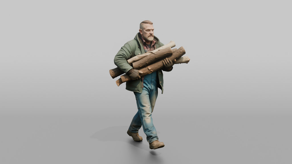 Farmer Carrying Armful Of Thick Hardwood Logs