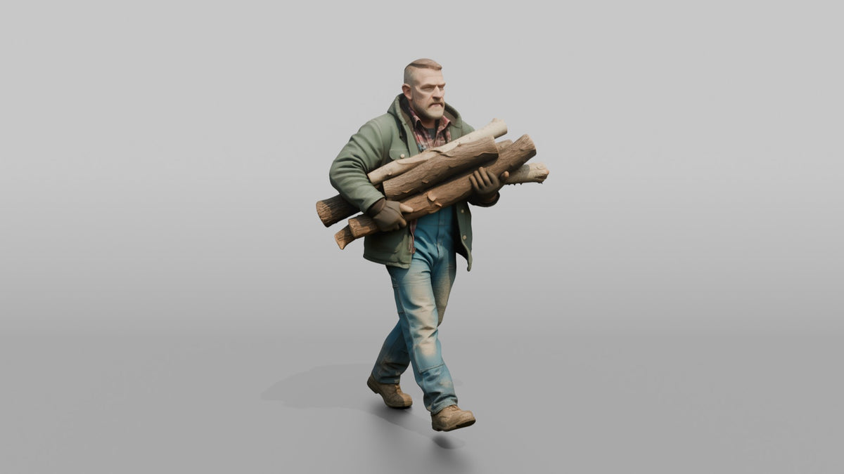 Farmer Carrying Armful Of Thick Hardwood Logs - 3D character model, view 1