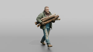 Farmer Carrying Armful Of Thick Hardwood Logs - 3D character model, view 1