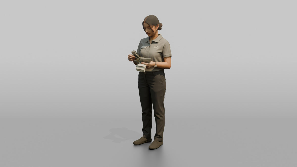 Woman Cashier Counting A Stack Of Cash Bills - 3D character model, view 4