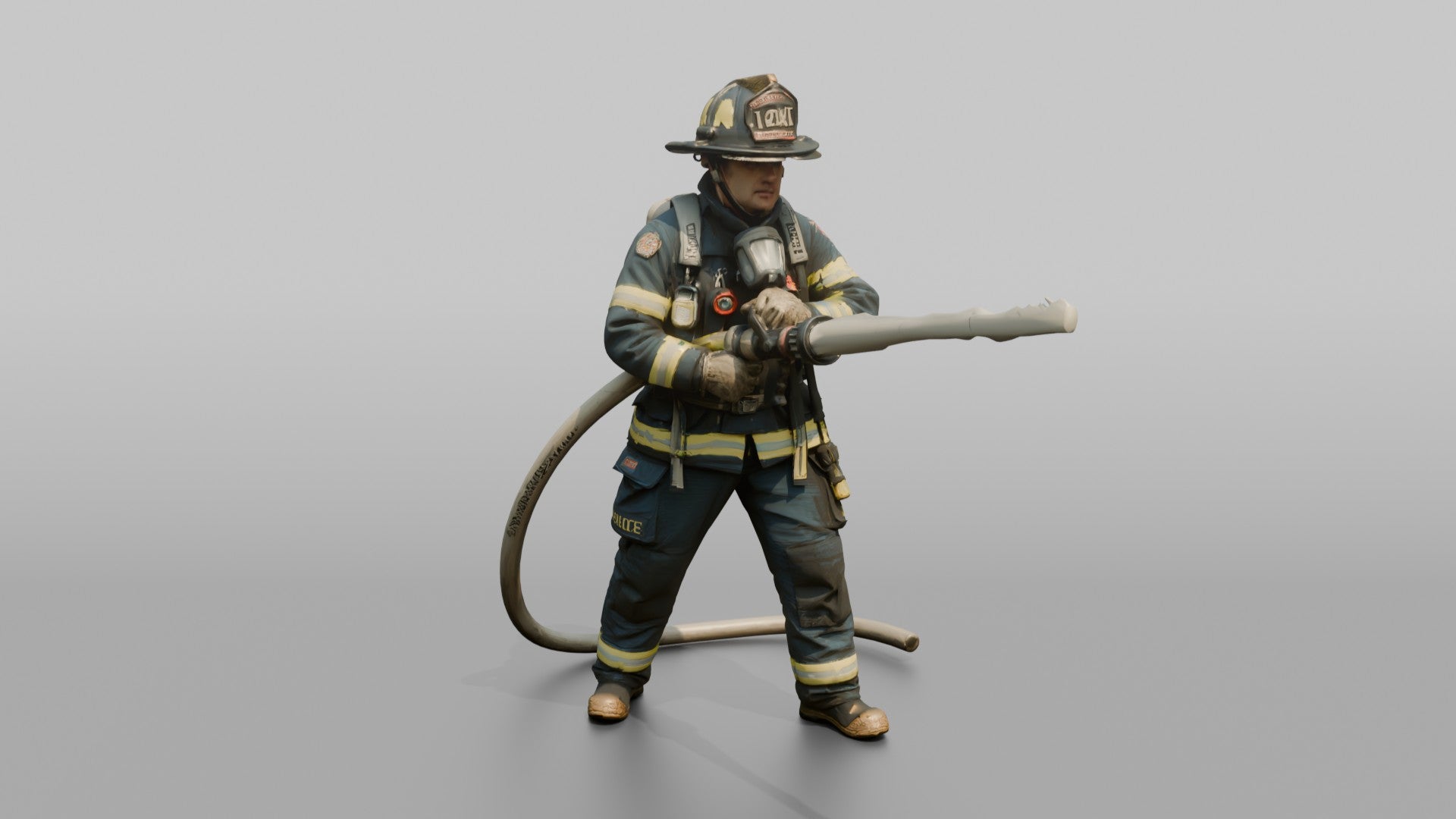 Firefighter Man Directing High-pressure Stream with Hose Nozzle