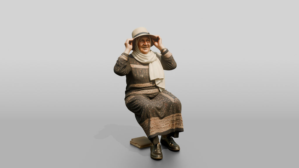 Stocky Elderly Syrian Woman in Hijab on a Bench