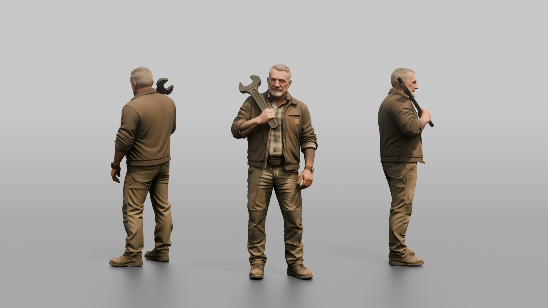 Farmer Holding Heavy Spanner Wrench Over Shoulder