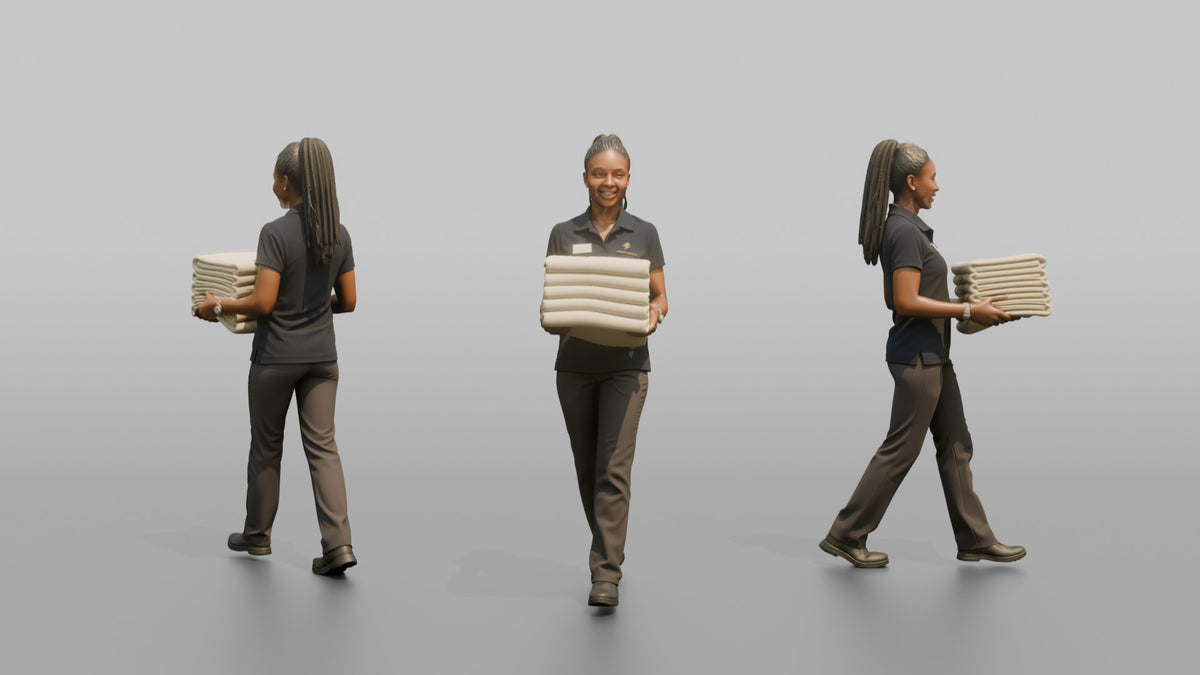 Spa Attendant Man Carrying A Stack Of Folded Pool Towels - 3D character model, view 1