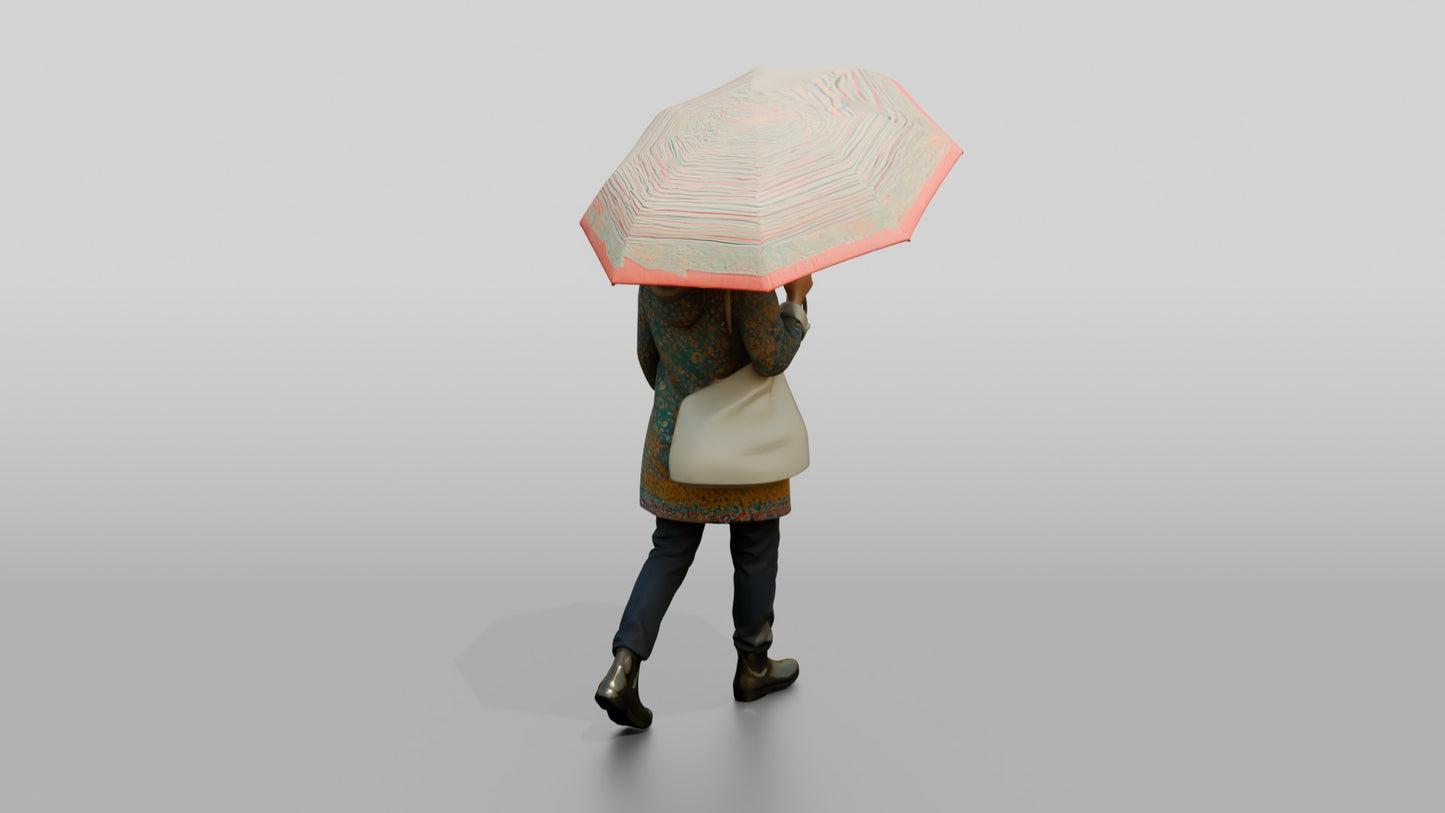 Indian Woman in Patterned Raincoat with Umbrella