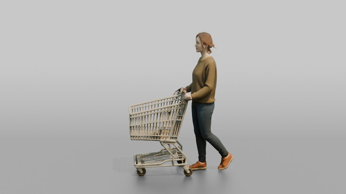 Woman Customer Pushing A Small Shopping Cart - 3D character model, view 4