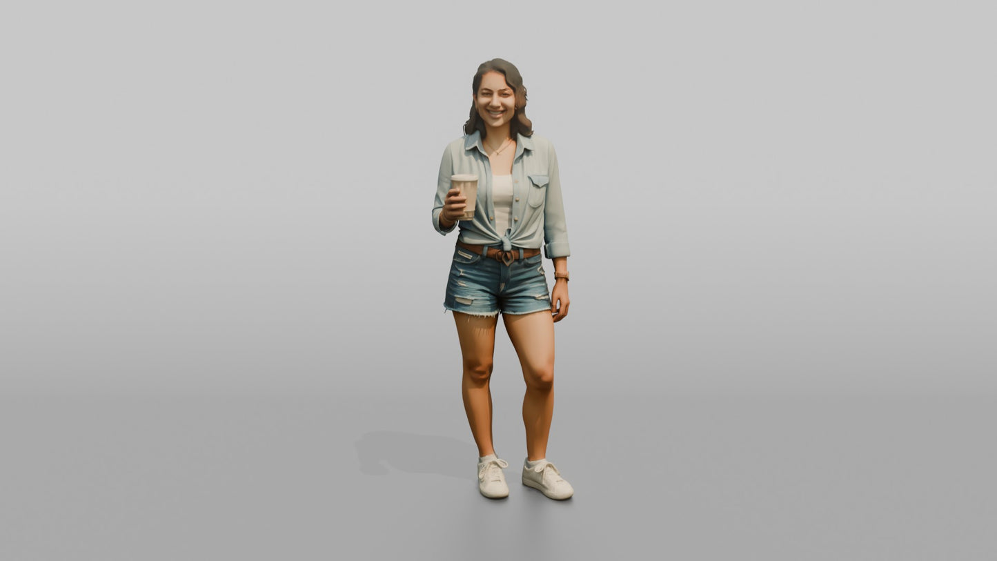 Vacationer Wearing Denim Shirt Tied At Waist And