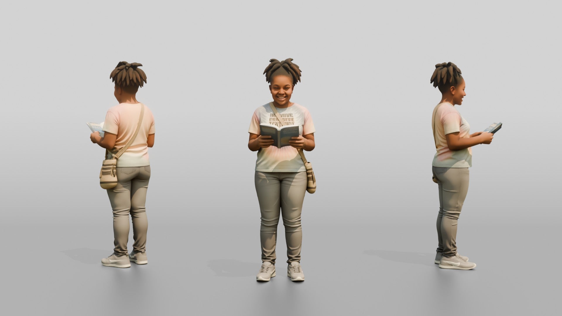 Plus-Size Black Woman with Dreadlocks Standing Reading a Book