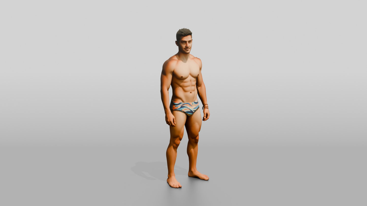 Latino Man in Multi-Colored Swim Brief Beach Pose
