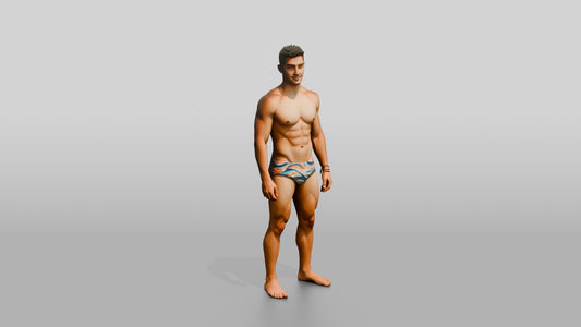 Latino Man in Multi-Colored Swim Brief Beach Pose - 3D character model, view 1
