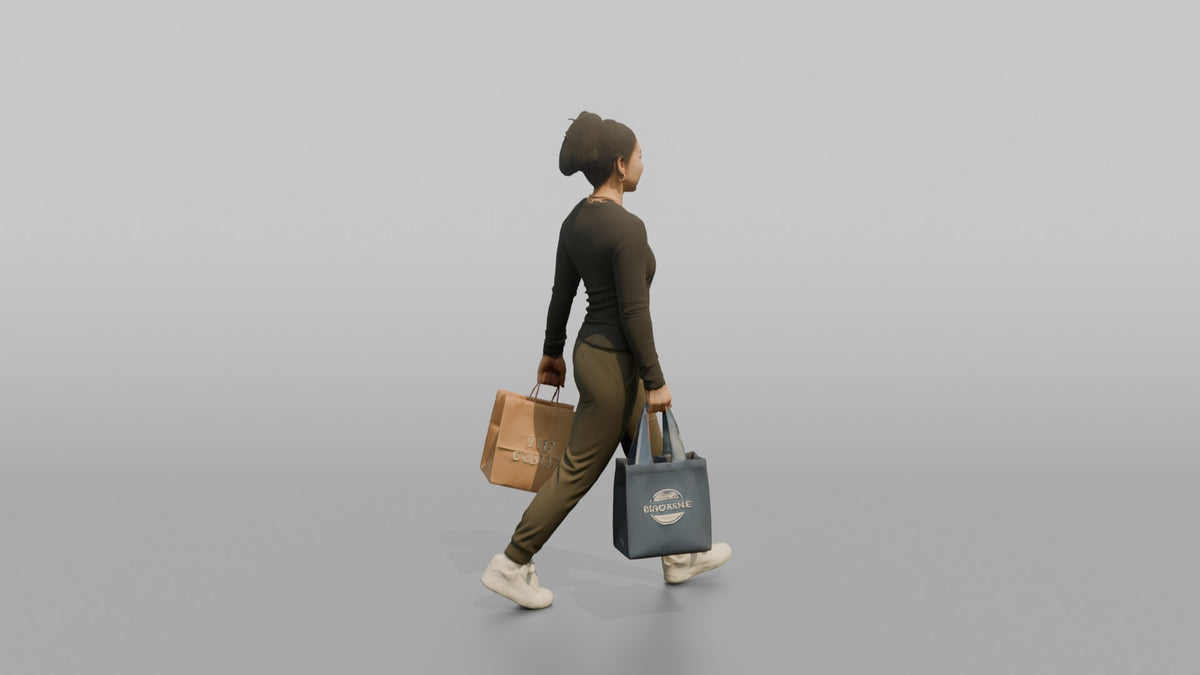 Woman Customer Walking With A Shopping Bag In Each Hand, Smiling - 3D character model, view 3