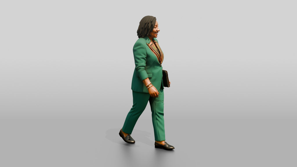 Plus-Size Woman in Emerald Green Pantsuit Carrying a Tablet Case