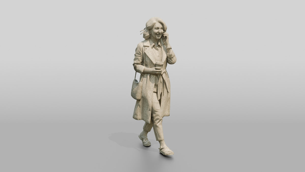 Slim Middle-Aged Persian Woman in a Linen Trench Coat - wireframe topology preview