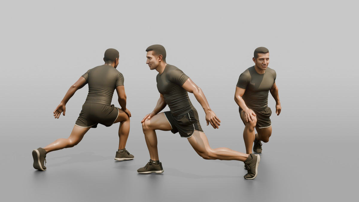 Fitness Influencer Man Doing A Dynamic Lunge Stretch - 3D character model, view 1