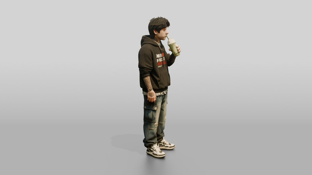 Asian Man Drinking Matcha Boba