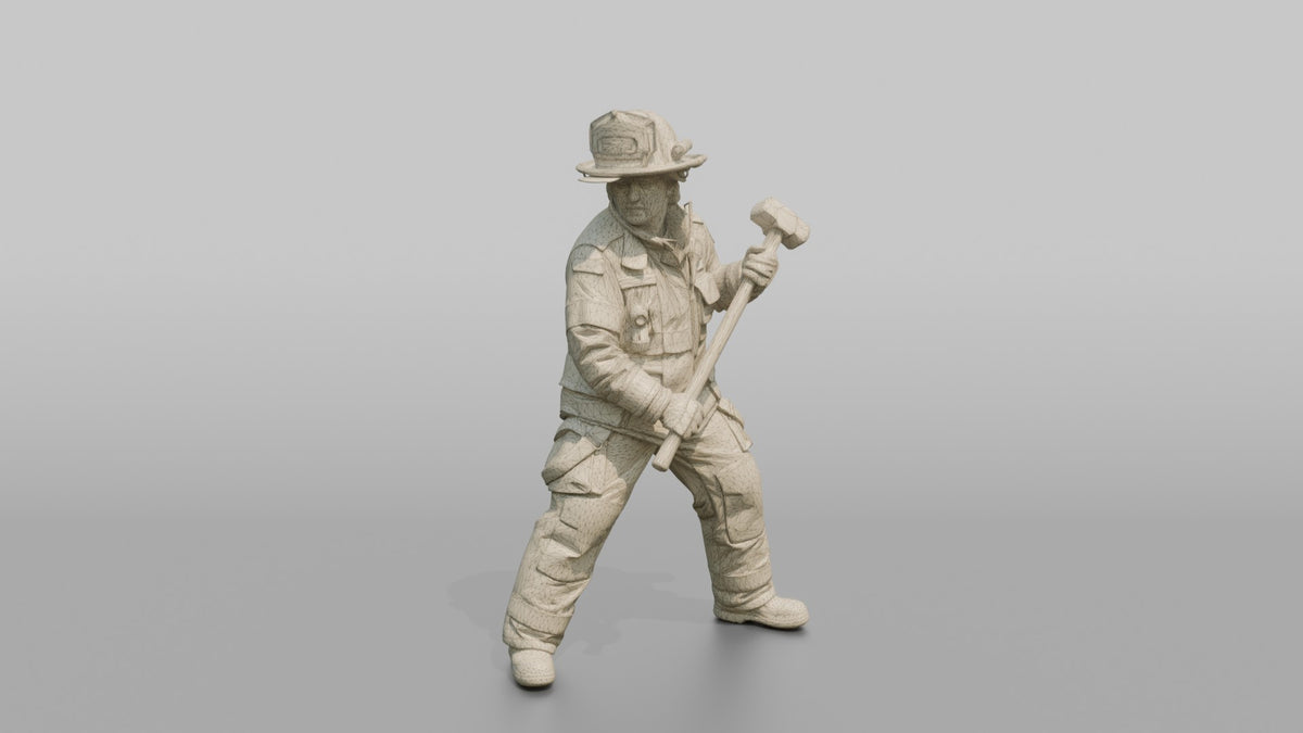Firefighter Woman Standing in Dynamic Stance with a Sledgehammer - wireframe topology preview
