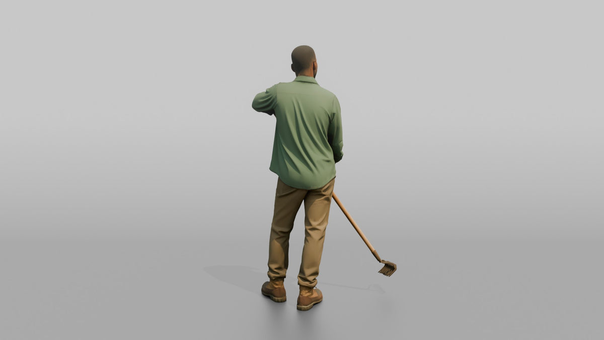 Father Holding A Garden Rake, Leaning On It Slightly - 3D character model, view 3