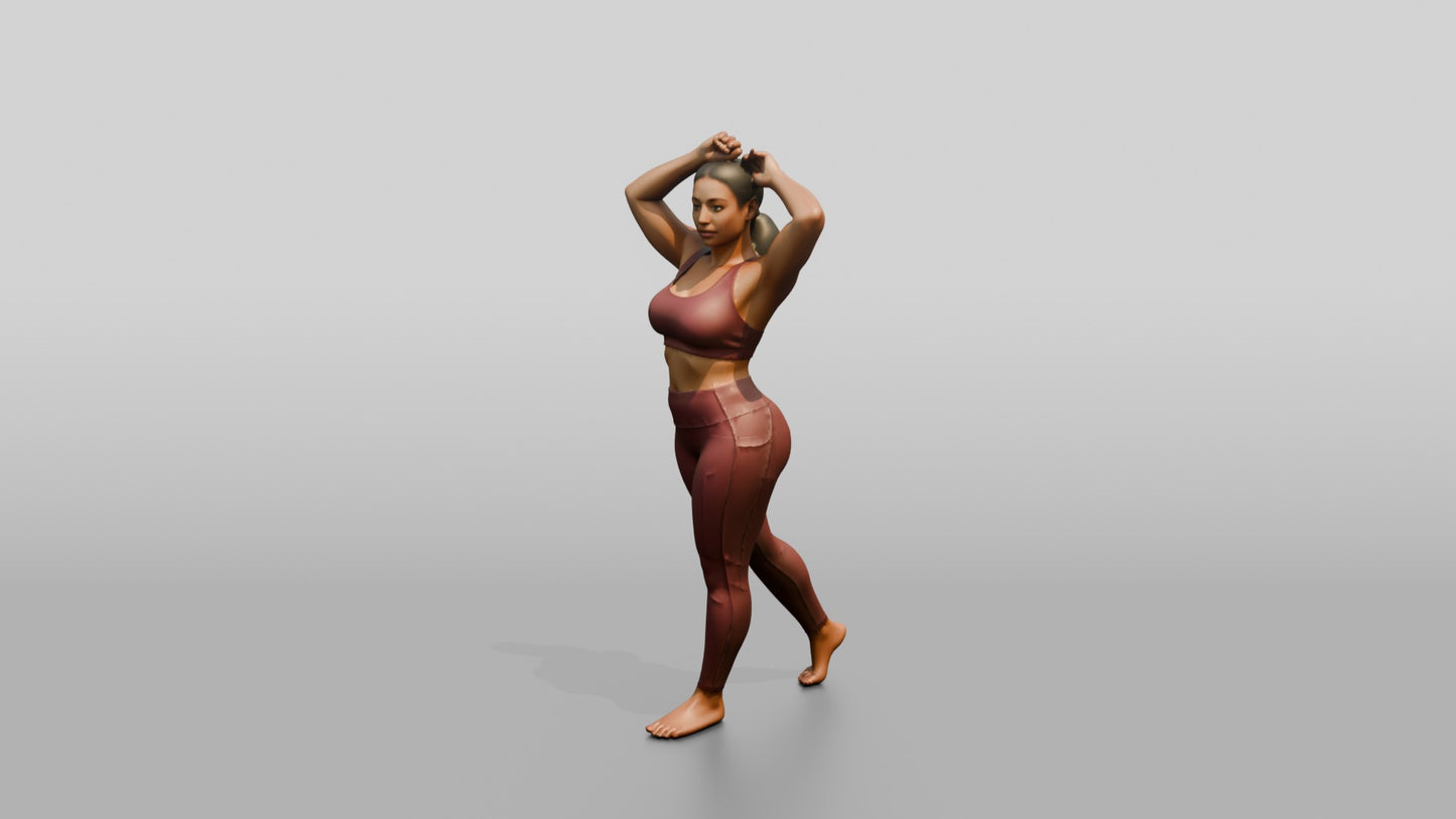 Curvy Woman in Rose Activewear Arms Raised to Her Hair