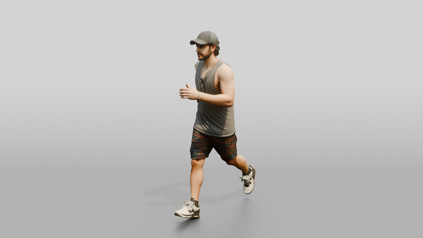 Latino Man Striding Powerfully Down the Boardwalk