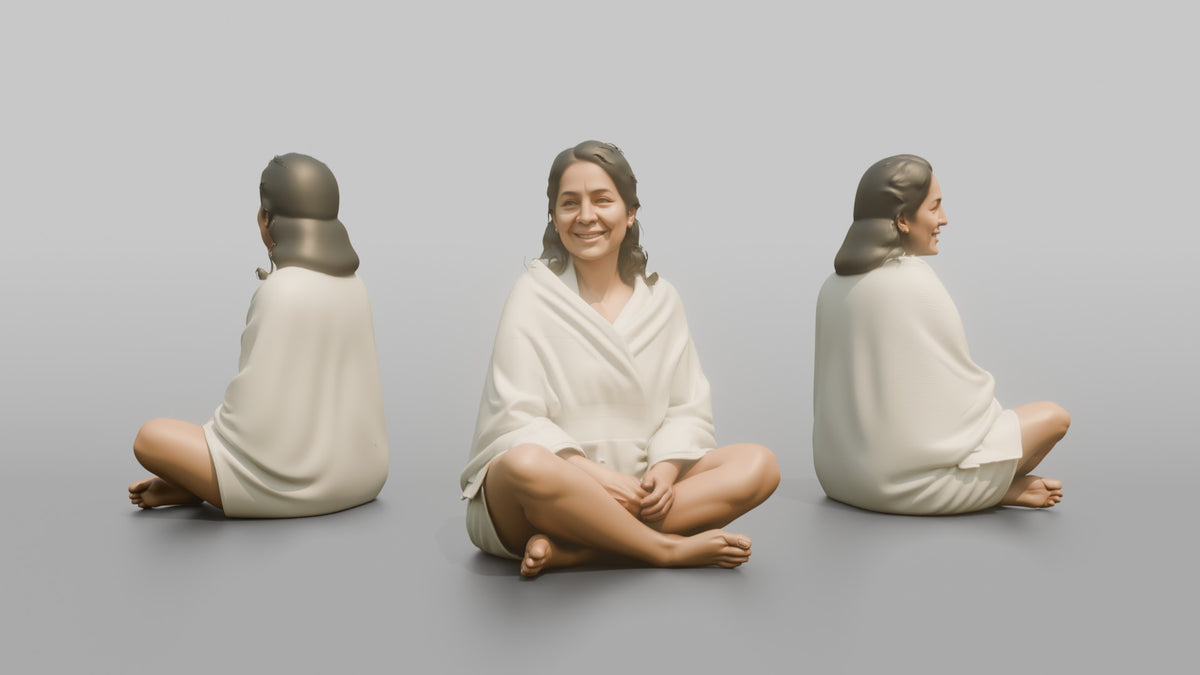 Spa Client Woman Sitting Relaxed With A Towel Wrapped Around The Shoulders - 3D character model, view 1