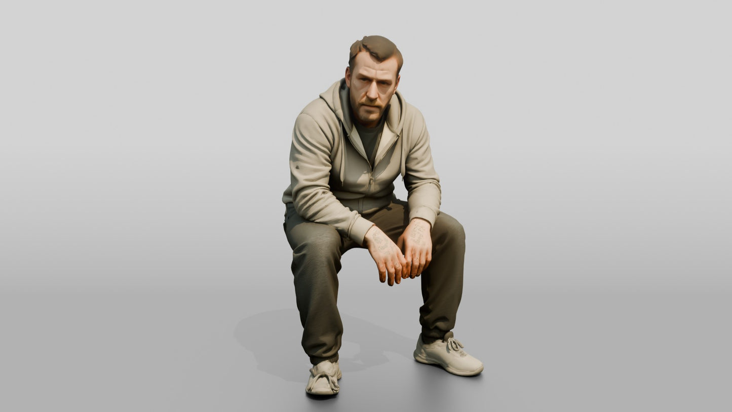 White Male Prisoner in a Grey Zip-up Hoodie and Dark Sweatpants