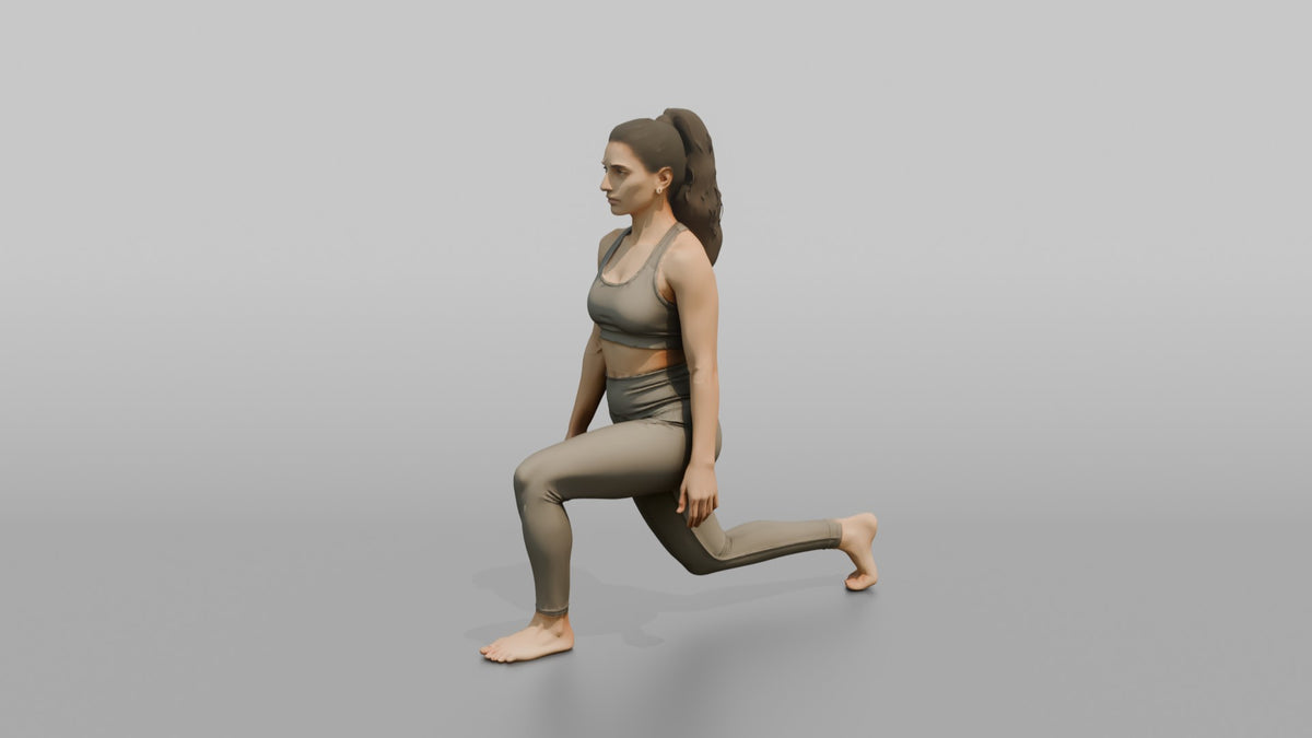 Fitness Influencer Woman Doing A Bodyweight Lunge With Arms At Sides - 3D character model, view 4