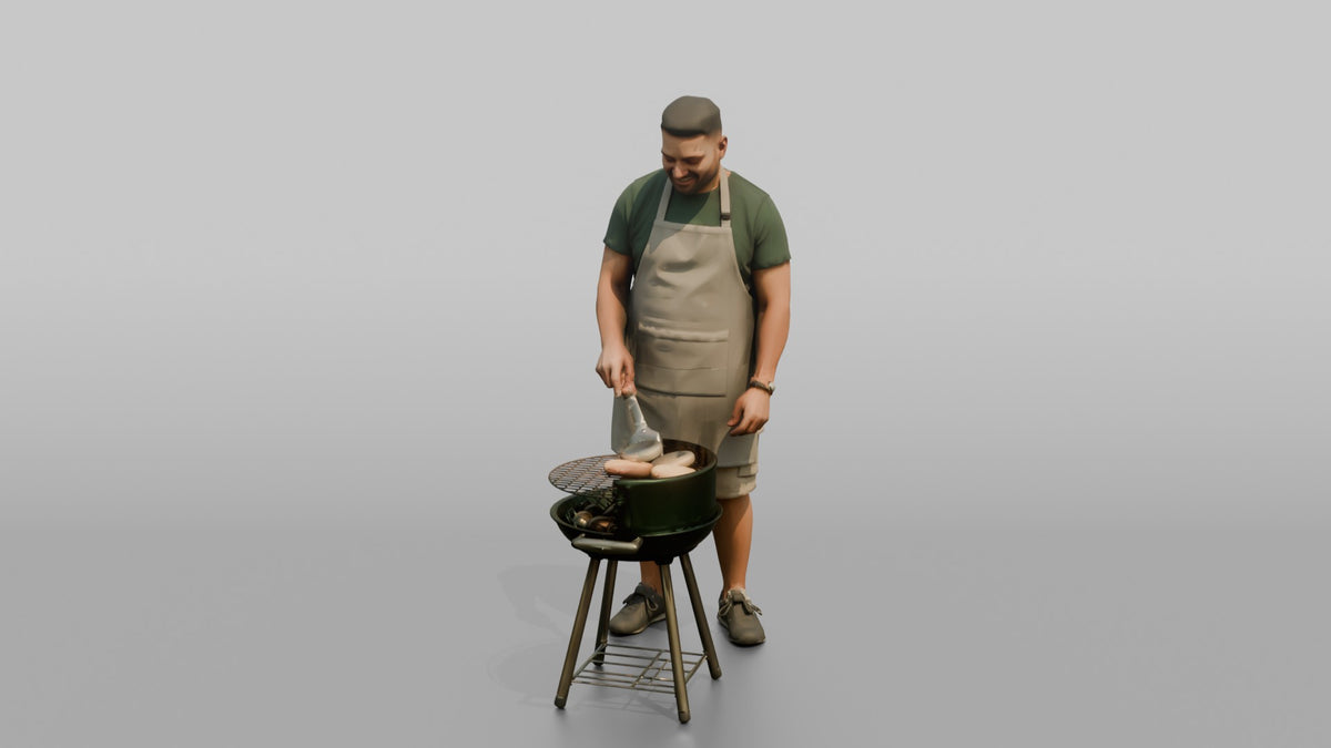 Father Flipping A Burger With A Spatula Over A Grill - 3D character model, view 4