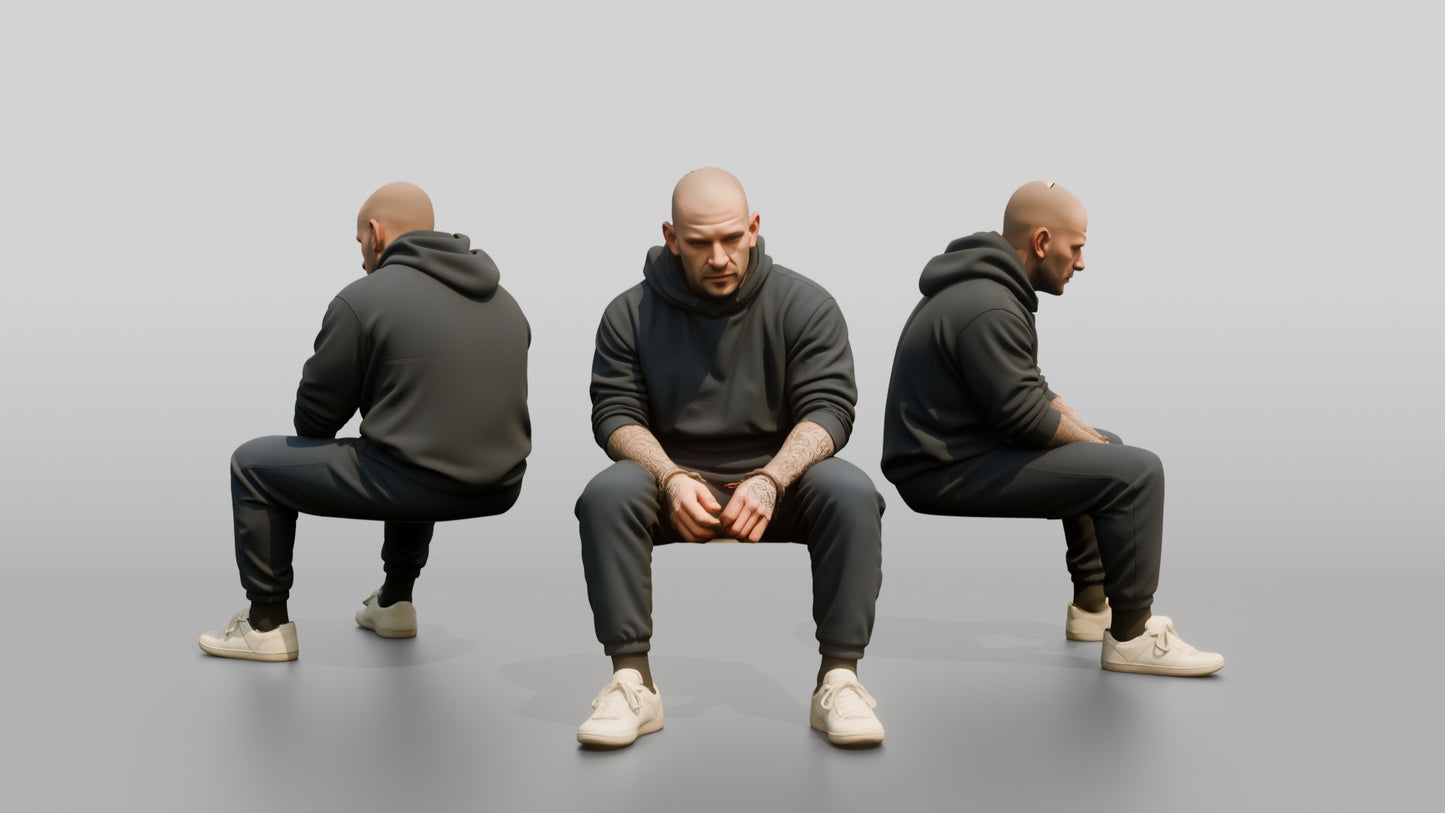 Caucasian Male Prisoner in a Navy Blue Hoodie and Joggers