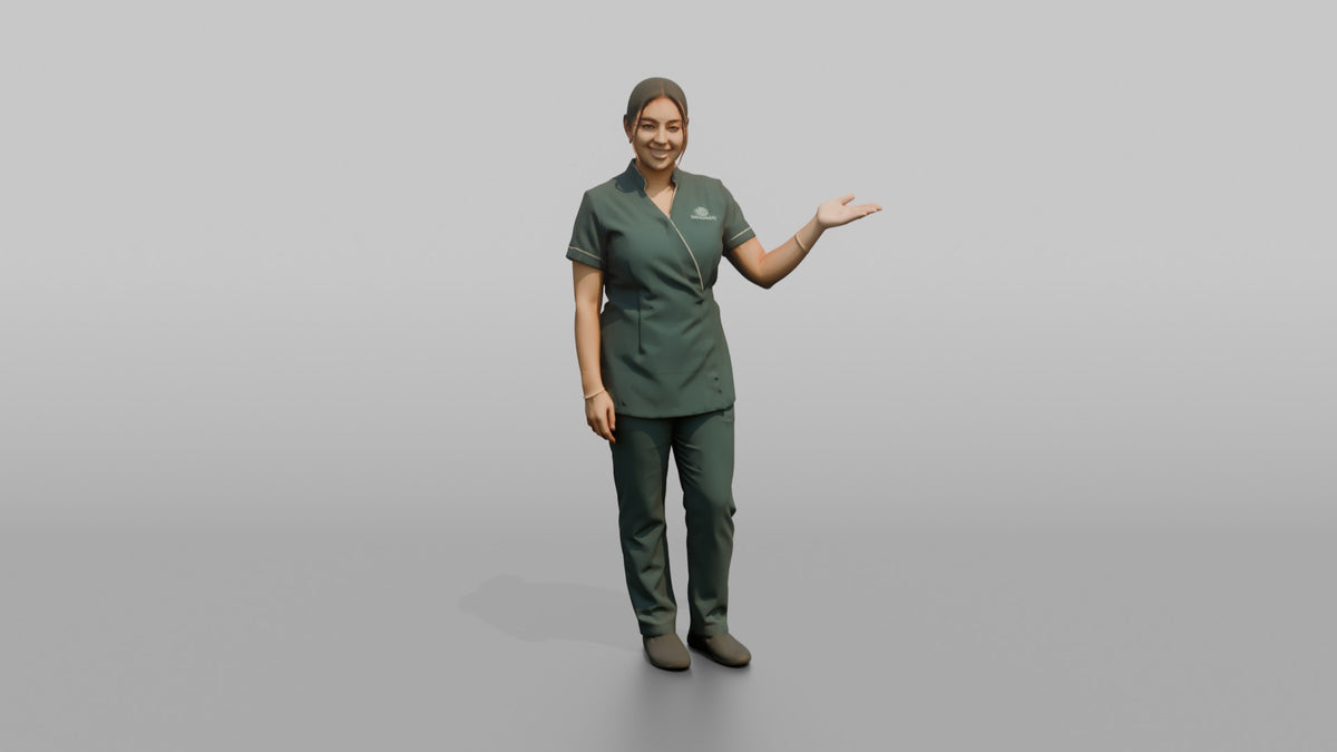 Spa Attendant Woman Gesturing Toward A Sauna Door - 3D character model, view 5