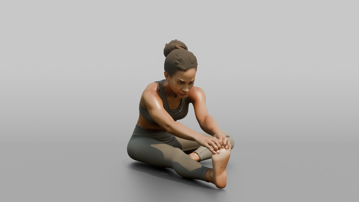 Fitness Influencer Woman Stretching One Leg Forward, Hands Reaching Toward The Foot - 3D character model, view 2