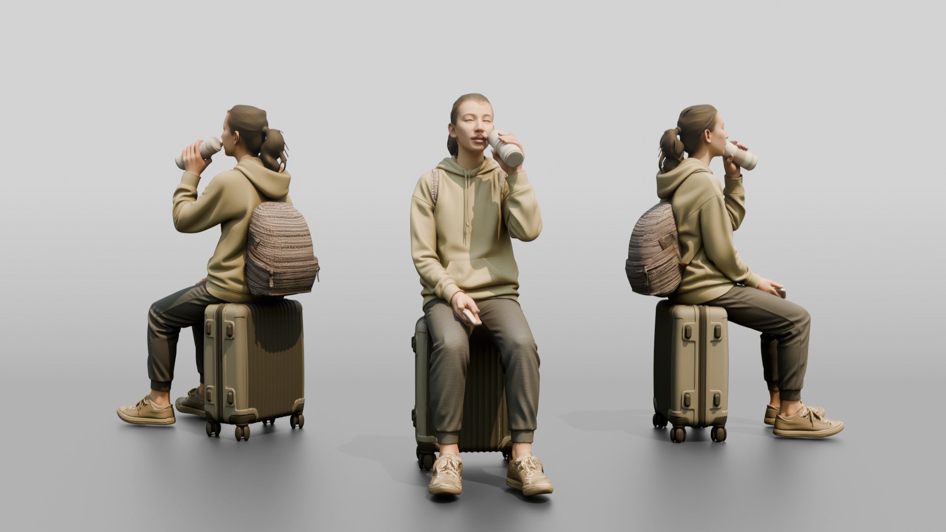 Young Woman Seated on Suitcase Drinking from Travel Cup