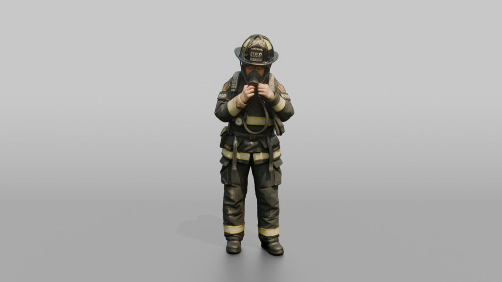 Firefighter Woman Adjusting Her Face Mask Regulator