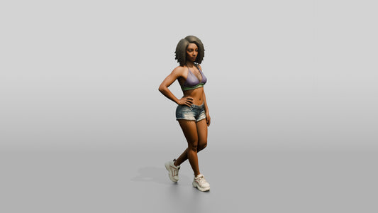 Tattooed Woman Posing in Cropped Top and Denim Shorts - 3D character model, view 1