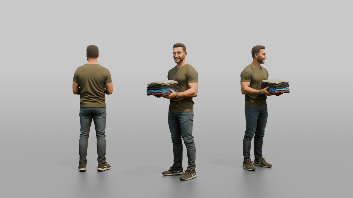Man Customer Holding A Stack Of Folded T-shirts - 3D character model, view 1