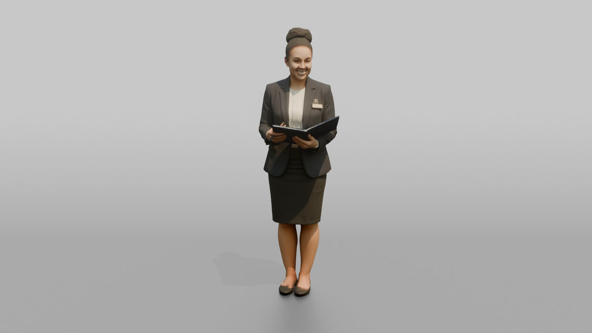 Receptionist Woman Holding A Guest Folder And Pen - 3D character model, view 5
