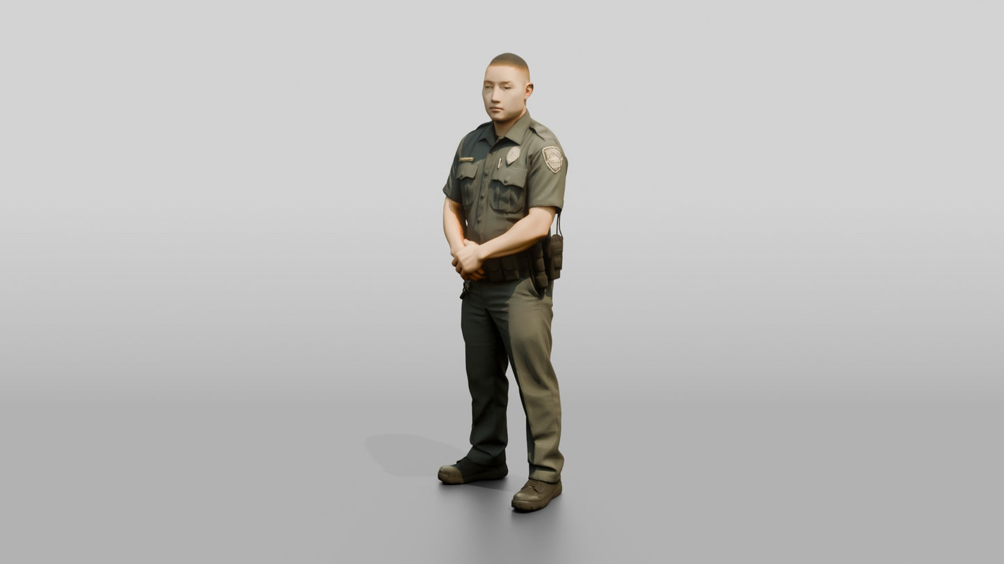 East Asian Male Guard in a Grey Patrol Uniform